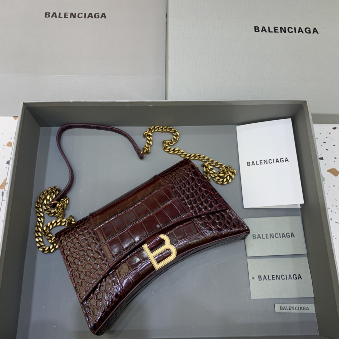 Balenciaga Big Hourglass Wallet With Chain Crocodile Embossed Shoulder Bag Coffee